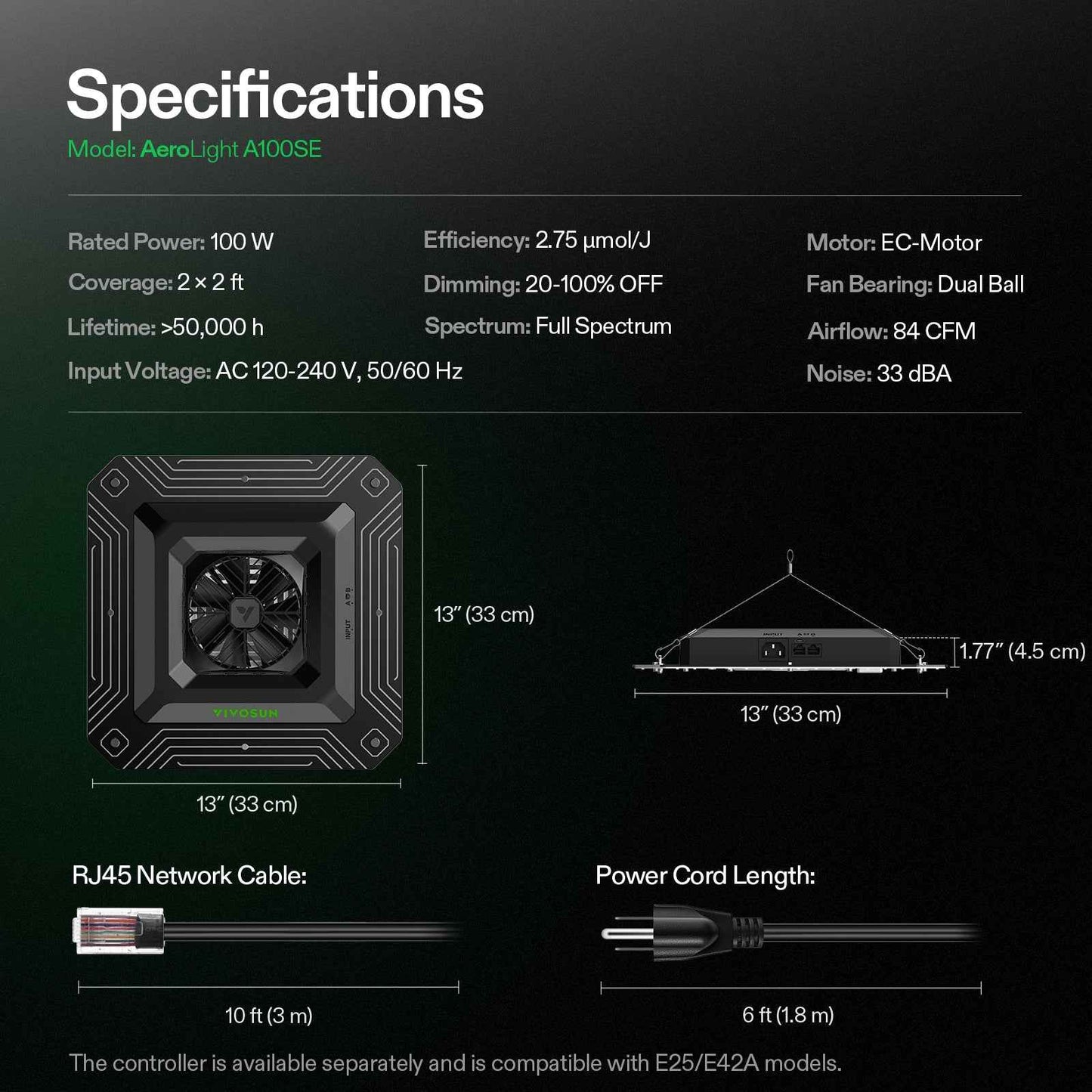Vivosun AeroLight A100SE 100W LED Groeilamp – Full Spectrum Kweektent LED met App-Besturing & Ingebouwde Ventilator