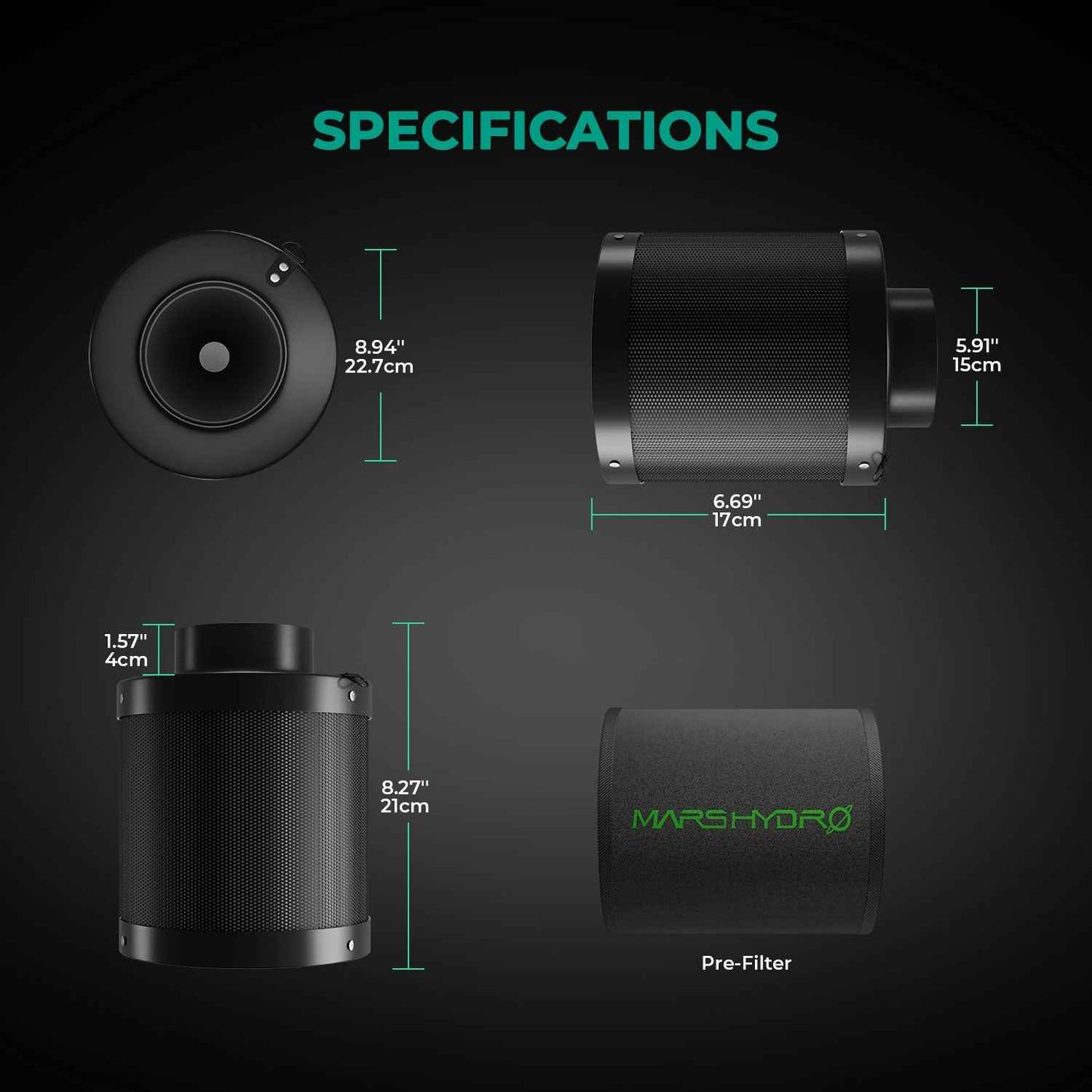 Mars Hydro 6-inch hervulbaar koolstoffilter voor krachtige geurbeheersing in kweektenten. Geurfilter met 100% Australische actieve kool, compatibel met 6-inch inline ventilatoren. Duurzaam en ideaal voor binnenkweek.