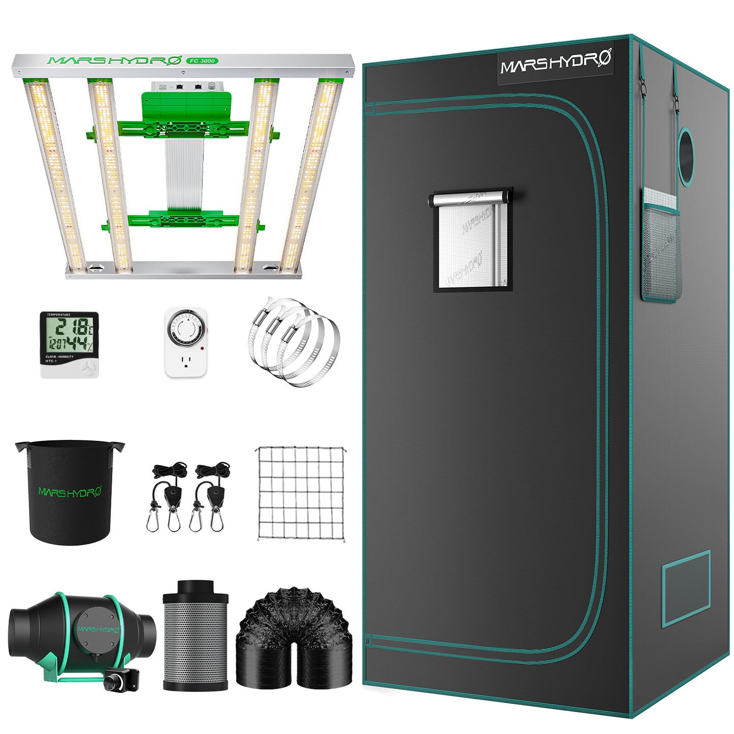 Mars Hydroponic Growzelt Komplett FC 3000 EVO Full Grow 100x100x180cm mit Geschwindigkeitsregler