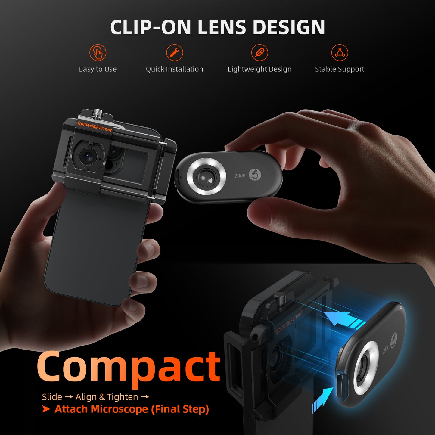 2025 Spider Farmer 200X Trichomes Microscope Smartphone Lens with LED & UV, Nano Zoom, CPL