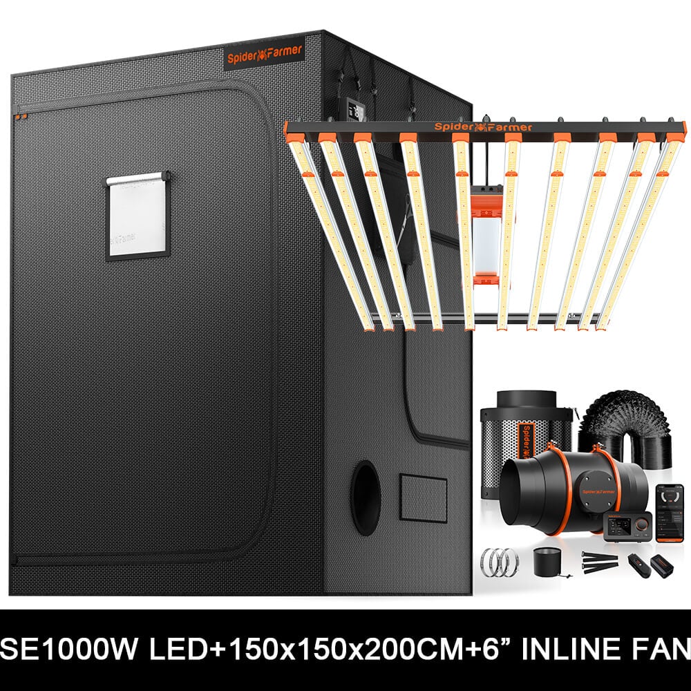 Spider Farmer SE1000W Grow Tent Kit Complete – 150×150×200 cm Tent + 1000W Full Spectrum LED + 6″ Inline Fan with GGS Controller
