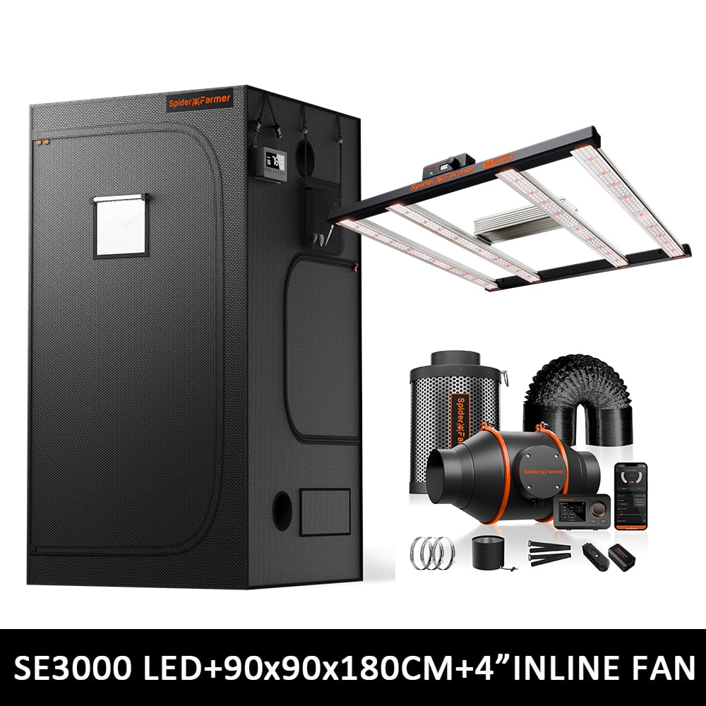 Spider Farmer SE3000 EVO Grow Tent Kit Complete – 90×90×180 cm Tent + 300W Full Spectrum LED + 4” Ventilation System with GGS Controller
