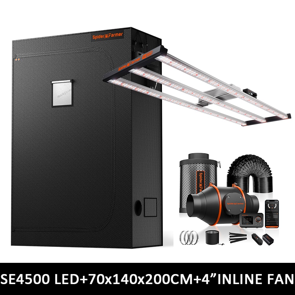 Spider Farmer SE4500 Kweek Tent Compleet – 70×140×200 cm Tent + 320W Full Spectrum LED + 4” Ventilatiesysteem met GGS Controller