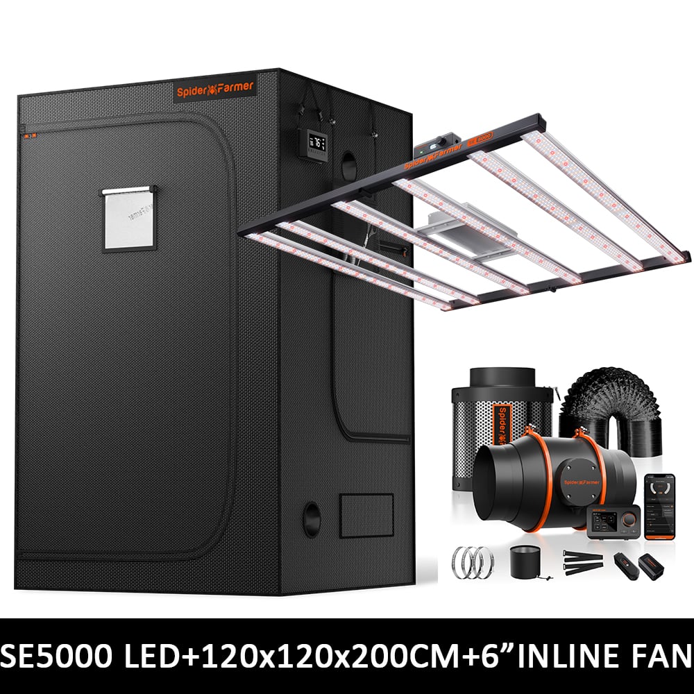 Spider Farmer SE5000 EVO Grow Tent Kit Complete – 120×120×200 cm Tent + 480W Full Spectrum LED + New 6” Ventilation System with GGS Controller