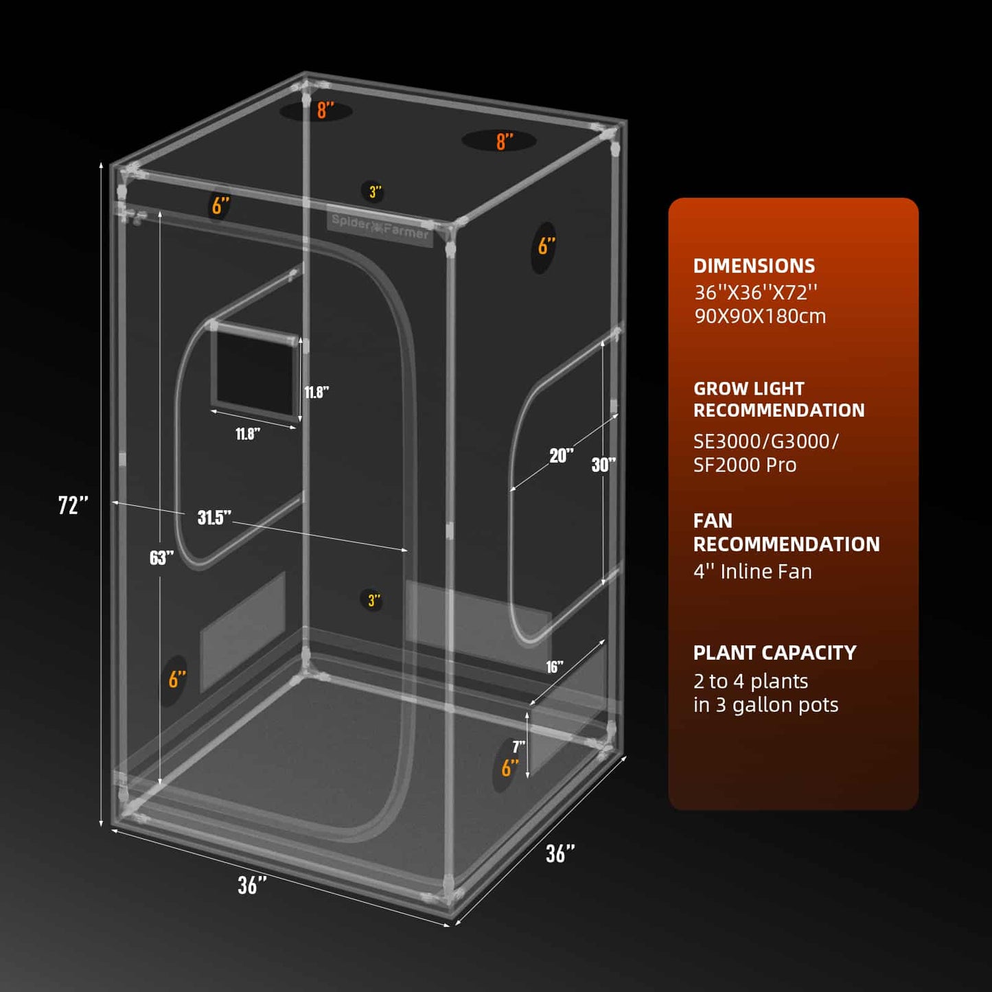 Spider Farmer SE3000 EVO Grow Tent Kit Complete – 90×90×180 cm Tent + 300W Full Spectrum LED + 4” Ventilation System with GGS Controller