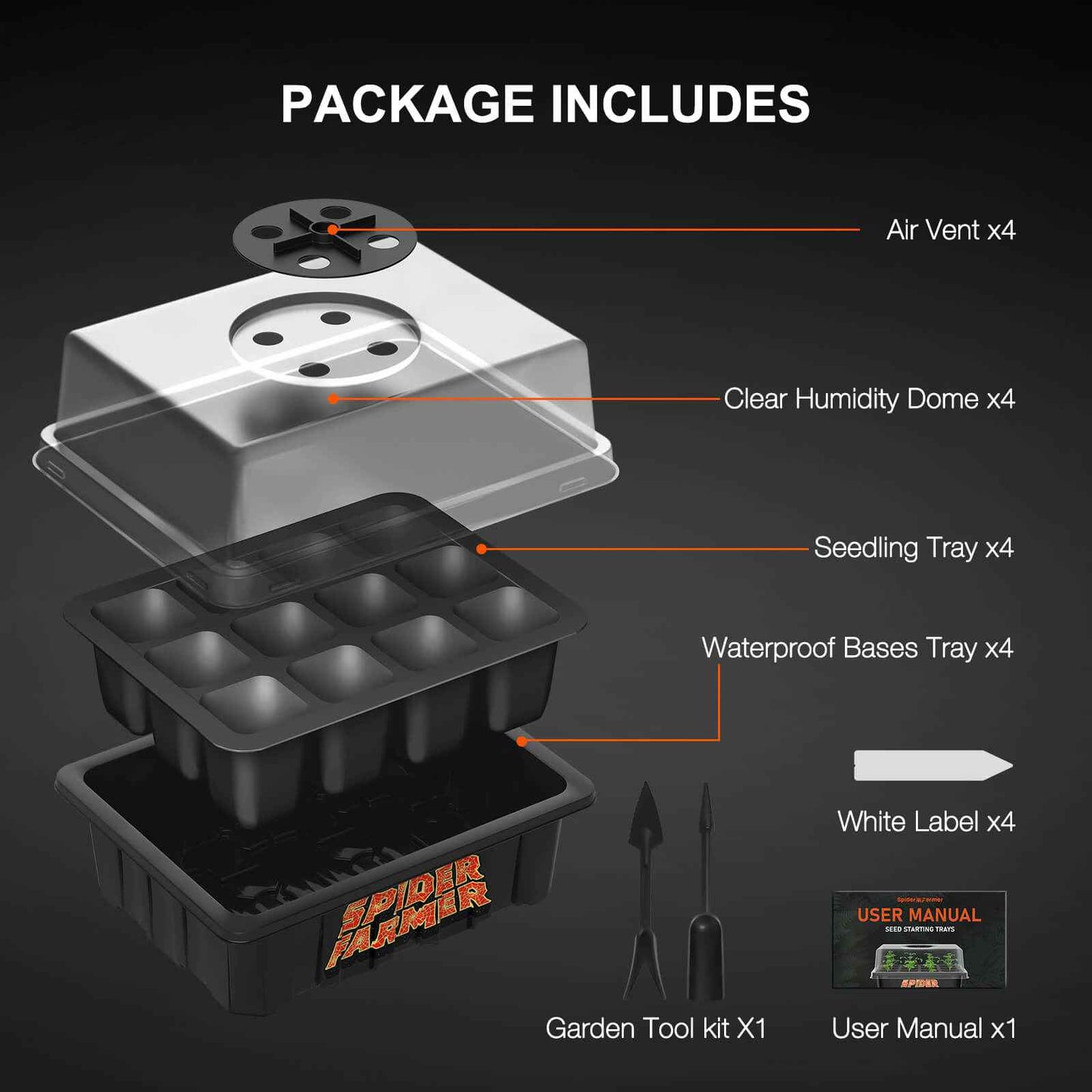Spider Farmer 4-Pack Zaaitrays met Transparante Dome – 12-Cell Seed Starter Kiemset voor Zaailingen, Kruiden & Binnenkweek Propagatie