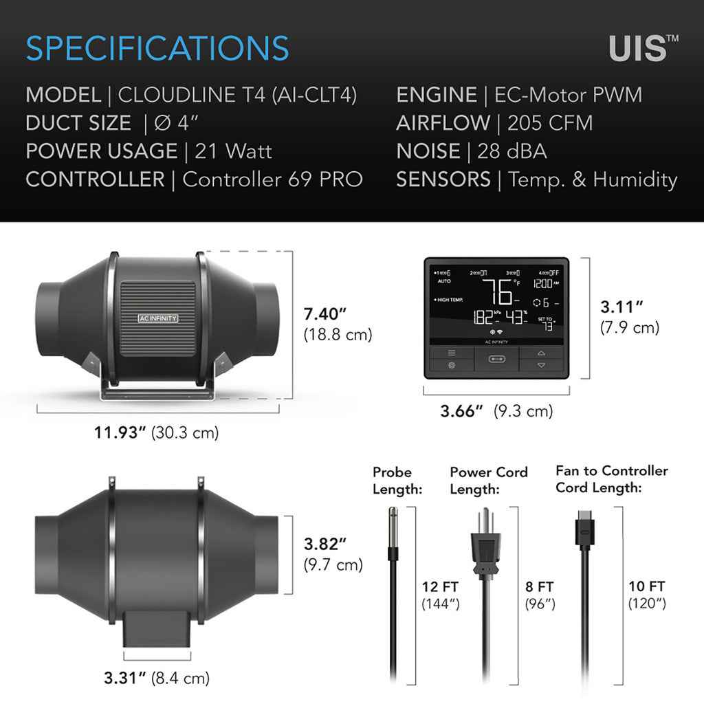 AC Infinity CLOUDLINE T4 100 mm Inline Afzuigventilator – Stille EC Ventilator voor Kweektent Ventilatie met Temperatuur- & Vochtigheidscontroller (205 CFM)