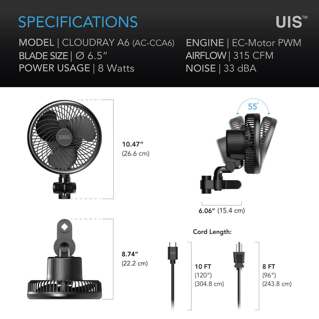 AC Infinity CLOUDRAY S6 – Grow Tent Clip Fan 150 mm with 10 Speeds, EC Motor, Auto Oscillation