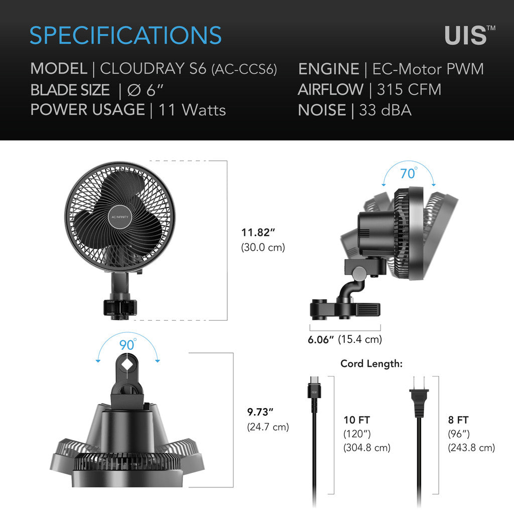 AC Infinity CLOUDRAY S6 – Grow Tent Clip Fan 150 mm with 10 Speeds, EC Motor, Auto Oscillation
