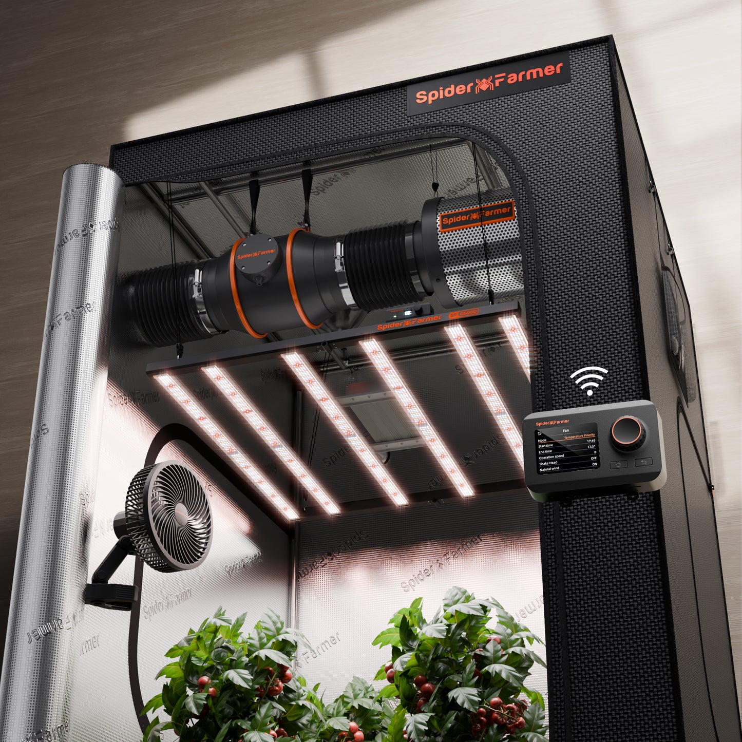 Spider Farmer G5000 Geautomatiseerde Kweek Tent Kit Compleet – 120×120×200 cm Tent + 480W Full Spectrum LED + 6” Ventilatie + GGS + App-integratie