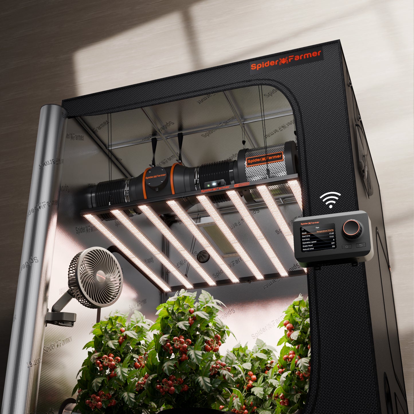 Spider Farmer G1000W Geautomatiseerde Kweek Tent Compleet – 150×150×200 cm Tent + 1000W LED + 6” Ventilatie + Clipfan + GGS App Controller