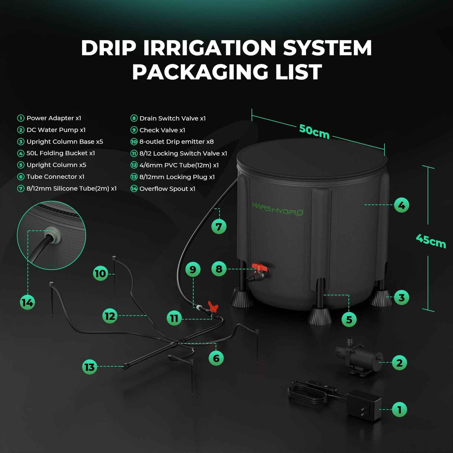 Mars Hydro 50L Drip Irrigatie Kit – Automatisch Druppelirrigatie Systeem met Opvouwbare Watertank voor Binnenkweek & Kweektent