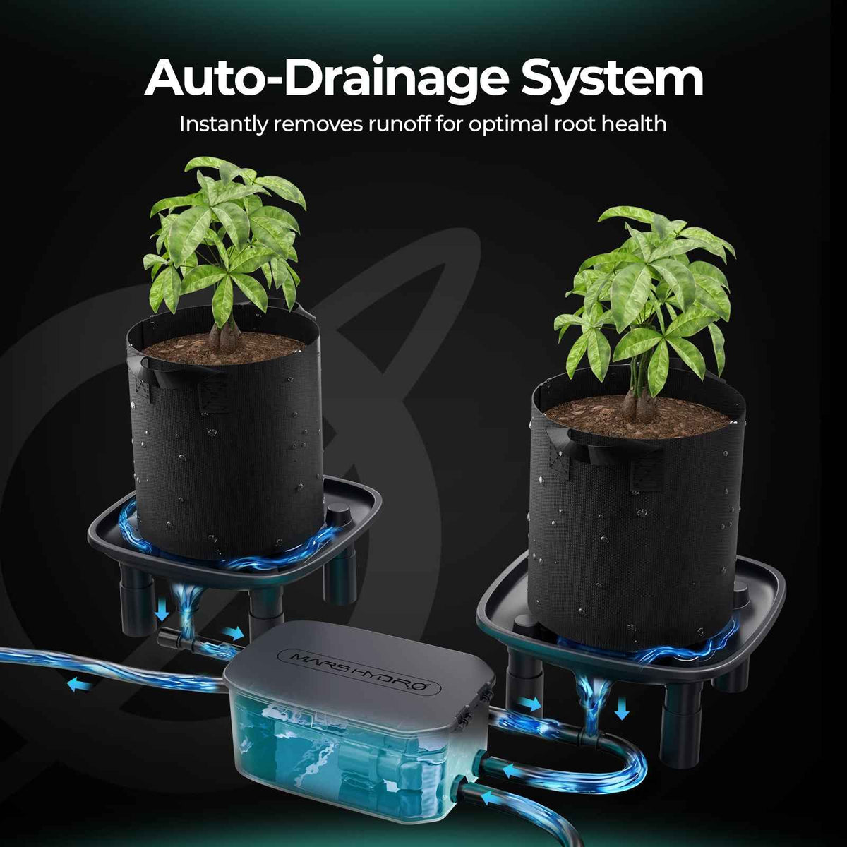 Mars Hydro Automatisch Drainagesysteem 4-Pack – 25W Waterpomp, 4 Drainagebakken & 4 Kweekzakken voor Kweektent