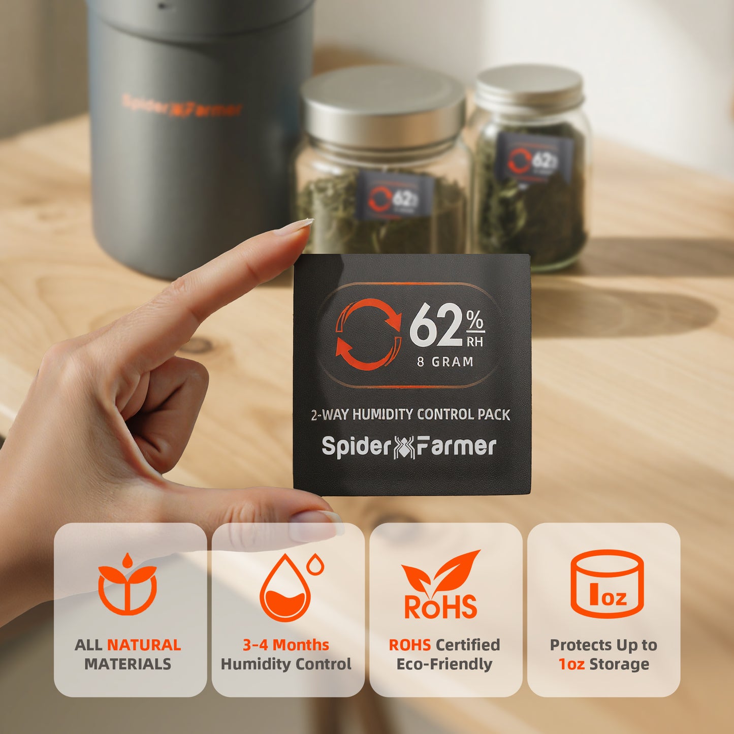 2 way humidity control 62% RH voor optimale curing fase, humidity stabilizer for flower storage, Luftfeuchtigkeitskontrolle für Kräuter Gläser