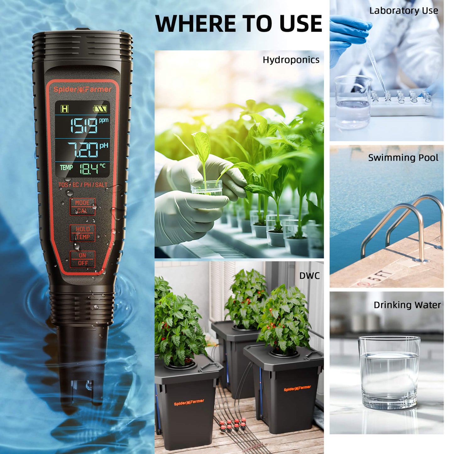 Spider Farmer digitale waterkwaliteit meter voor indoor planten | Spider Farmer digital water quality meter for indoor plants | Spider Farmer digitales Wasserqualitätsmessgerät für Indoor-Pflanzen