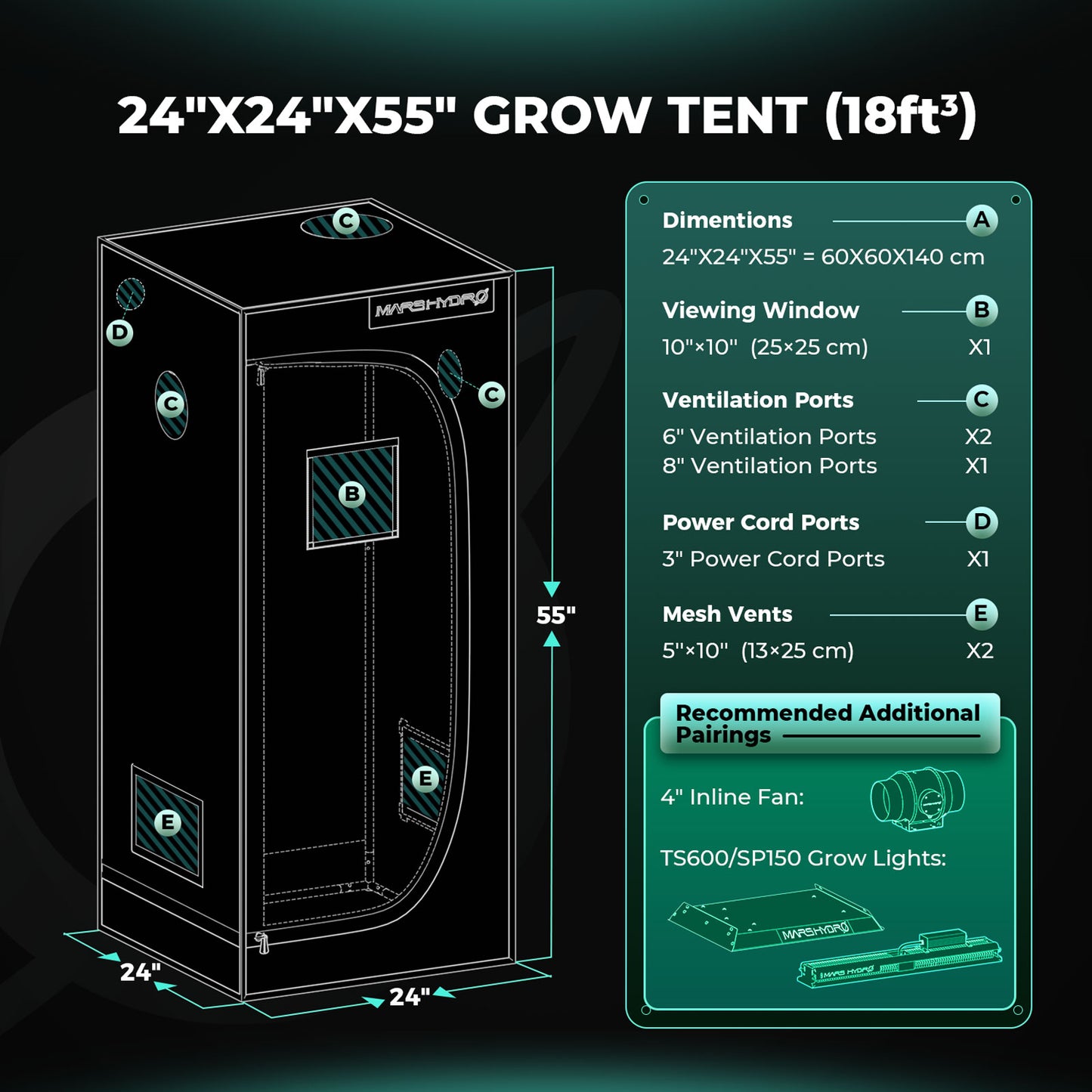 mars hydro ts600 alles-in-één kweektent kit | ts600 all-in-one grow tent kit | ts600 alles-in-einem grow zelt kit