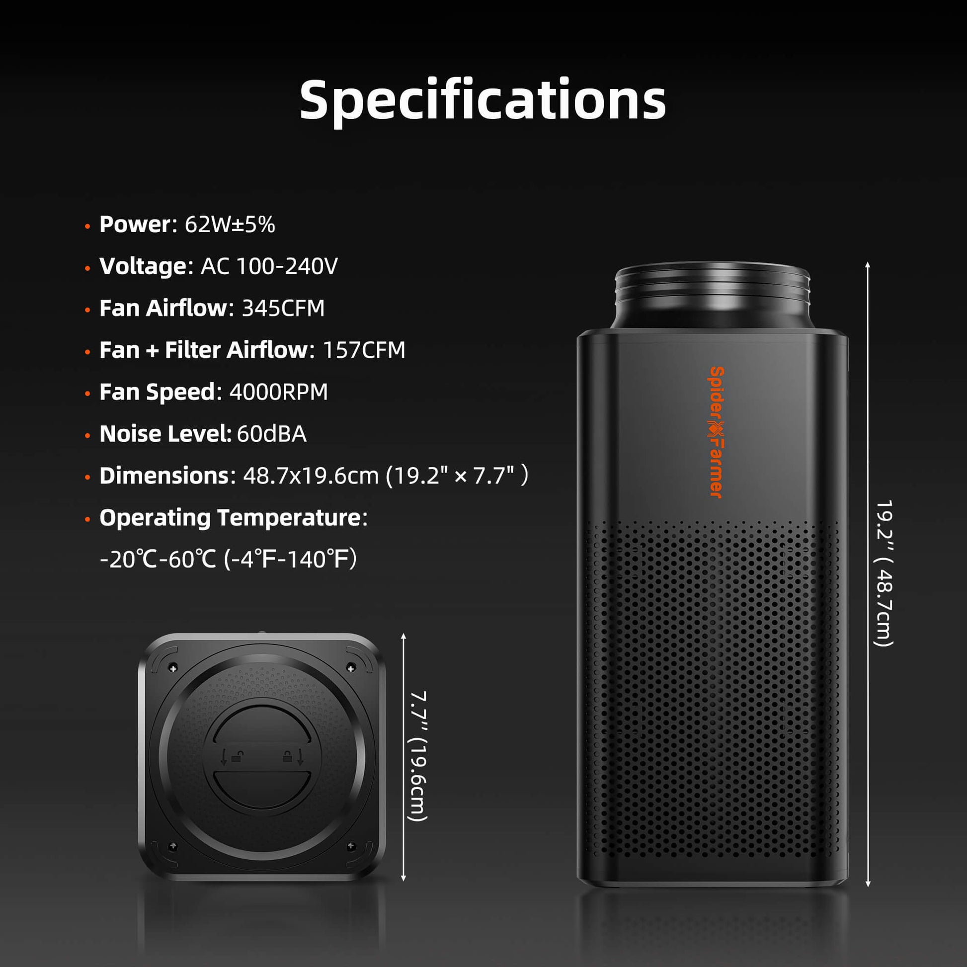 Spider Farmer inline fan met ingebouwd koolstoffilter | Inline fan with built-in carbon filter | Inline Ventilator mit integriertem Aktivkohlefilter