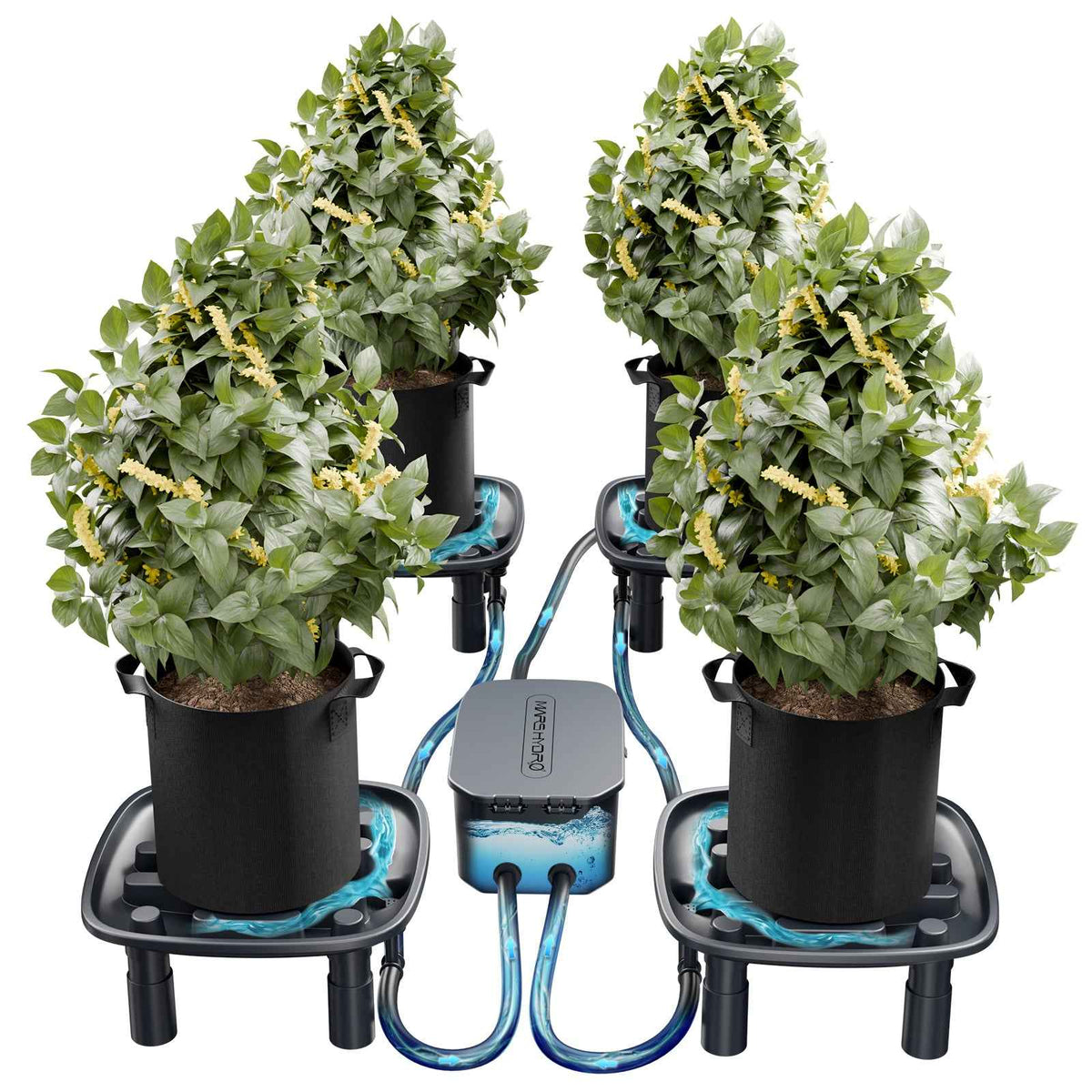 Mars Hydro Automatisch Drainagesysteem 4-Pack – 25W Waterpomp, 4 Drainagebakken & 4 Kweekzakken voor Kweektent
