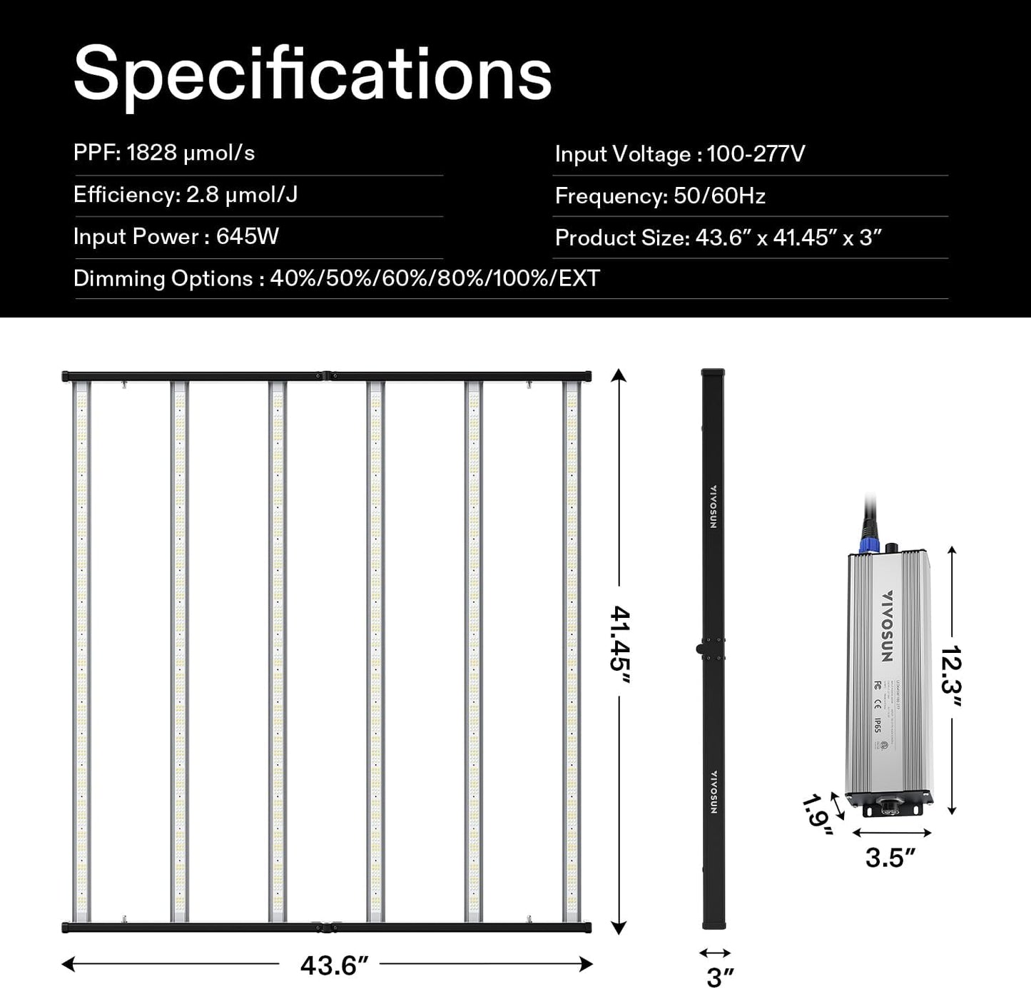 Vivosun VSFL6450 LED Grow Light Bar 645W