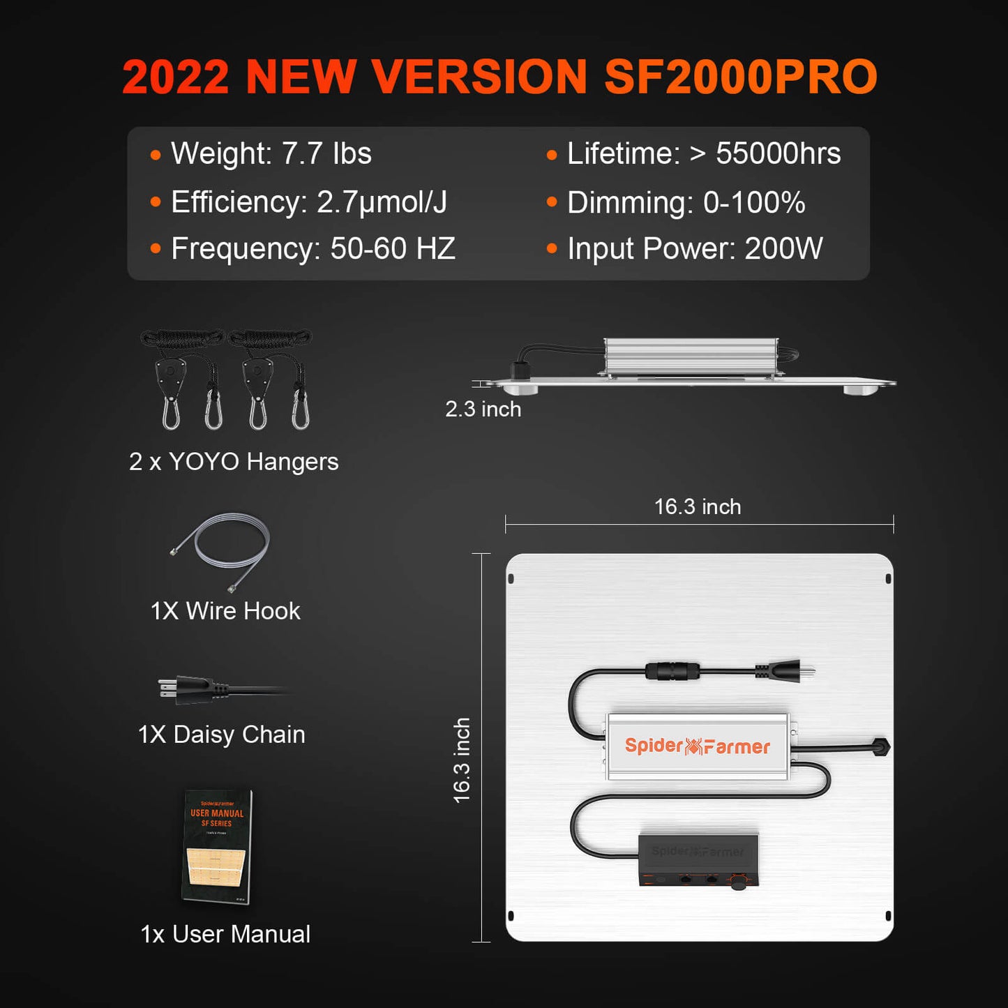 Spider Farmer SF2000 Pro 2,7 µmol/J LED Grow Light