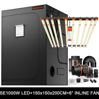 Spider Farmer SE1000W Complete Grow Tent Kit – 150×150×200 cm Tent + 1000W Full Spectrum LED + 6″ Inline Fan met GGS Controller