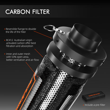 Spider Farmer 6″ inline fan en koolstoffilter combinatie | Spider Farmer 6″ inline fan and carbon filter combo | Spider Farmer 6″ Rohrventilator und Aktivkohlefilter Set