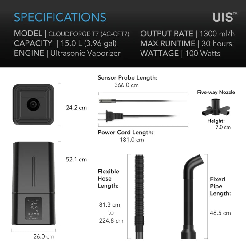 AC Infinity CLOUDFORGE T7 – 15L Slimline Smart Luchtbevochtiger