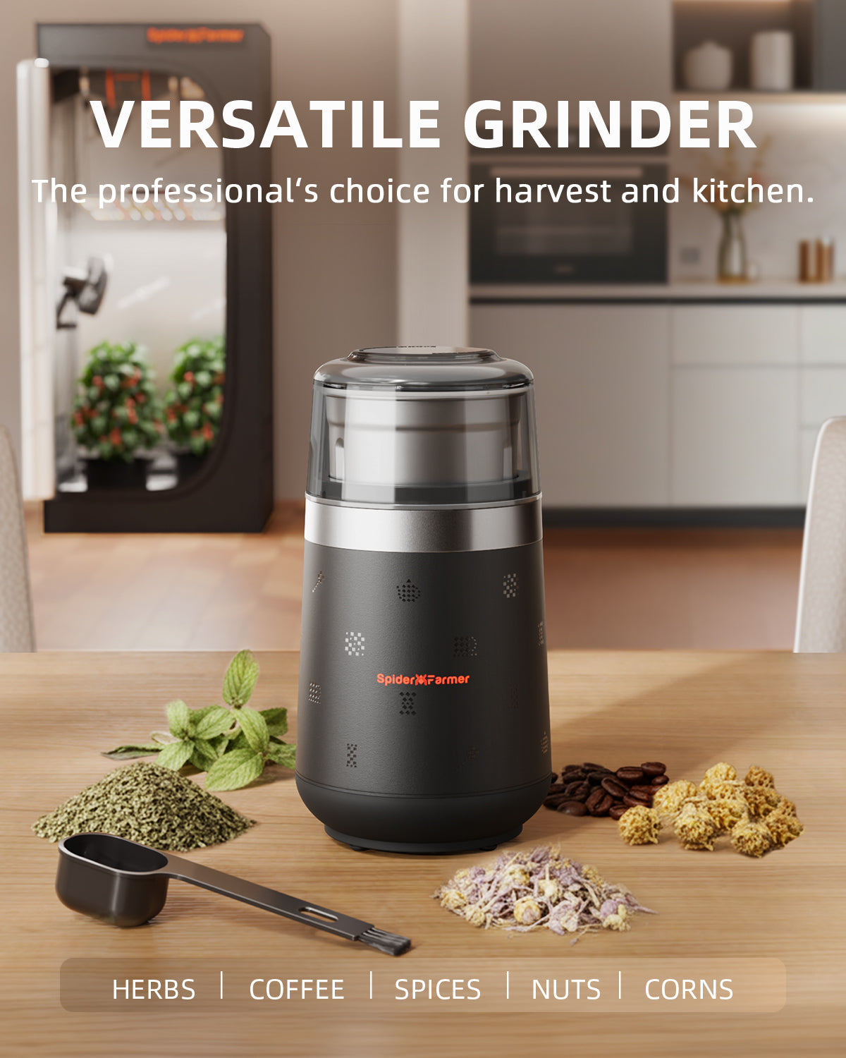 Spider Farmer Herb & Spice Grinder met uitneembare RVS maalbeker | Spider Farmer Herb & Spice Grinder with removable stainless steel bowl | Spider Farmer Kräuter- und Gewürzmühle mit herausnehmbarer Edelstahlschale
