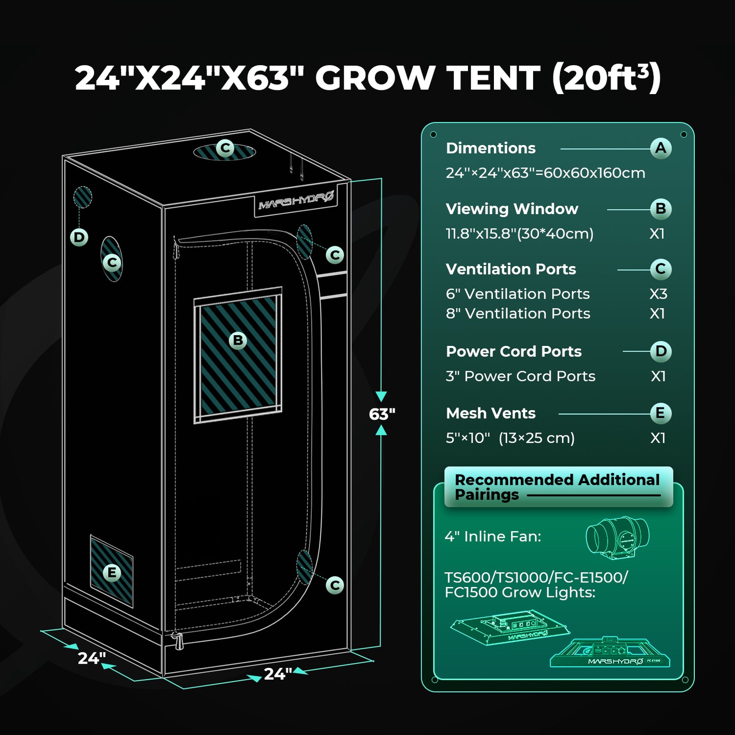 Mars Hydro 60×60×160 cm kweektent met hoogreflecterend Mylar | Mars Hydro 60×60×160 cm grow tent with highly reflective Mylar | Mars Hydro 60×60×160 cm Growzelt mit hochreflektierendem Mylar