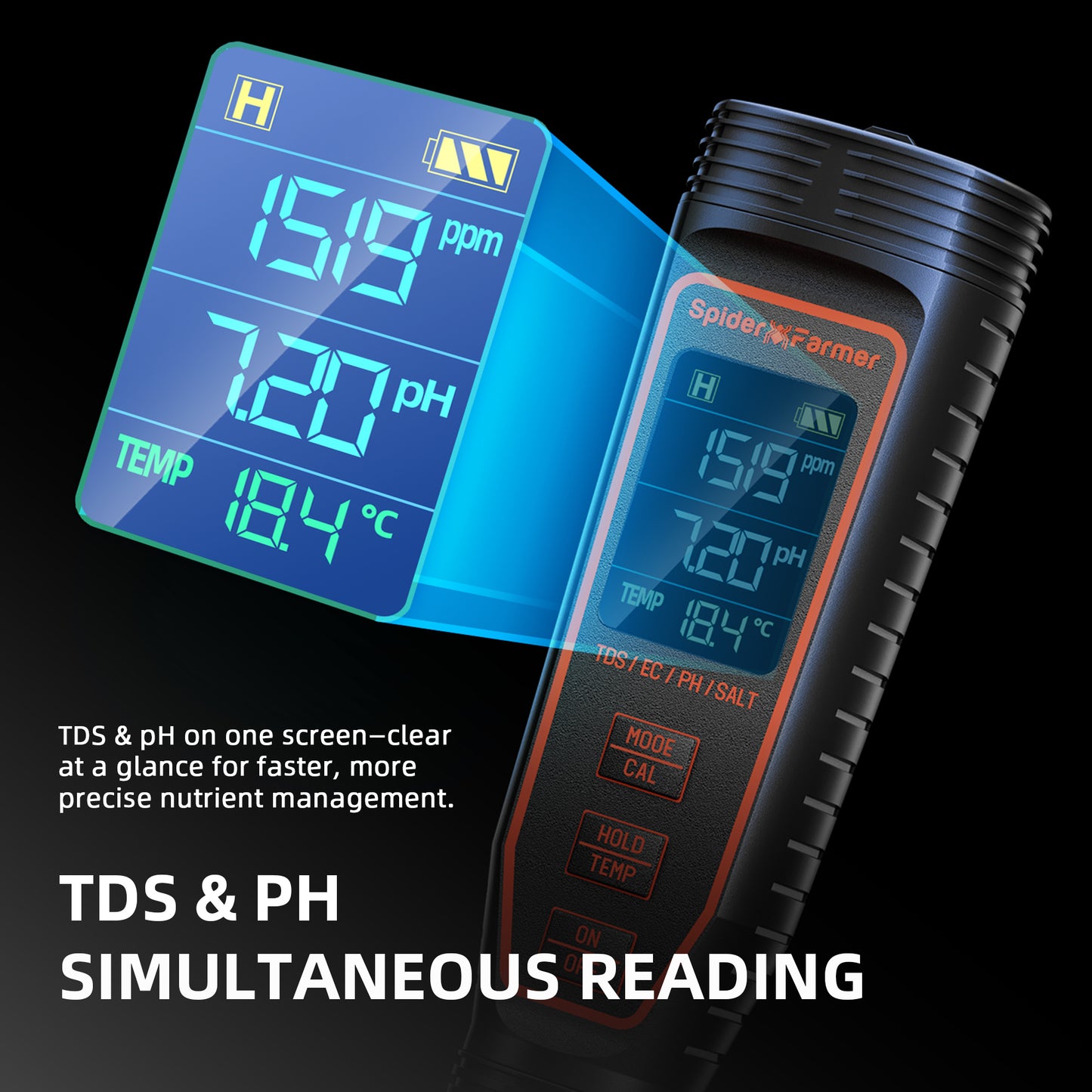 Spider Farmer TDS en pH meter met gelijktijdige displayweergave | Spider Farmer TDS and pH meter with simultaneous display | Spider Farmer TDS- und pH-Messgerät mit gleichzeitiger Displayanzeige
